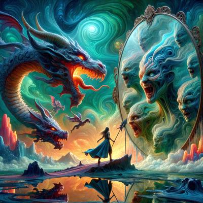 The primary subject of the image is a woman standing in front of a large dragon. The setting is a surreal, fantasy-like environment, with the woman and the dragon being the main focus of the scene. The visual style is a digital art or illustration, with the woman and the dragon being depicted in vibrant colors, creating a sense of wonder and magic. The overall atmosphere is one of fantasy and imagination, with the woman and the dragon being the central elements of the image.